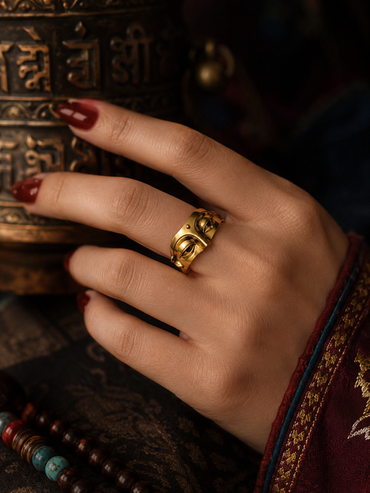 Gold-tone Buddha face adjustable ring worn on the hand