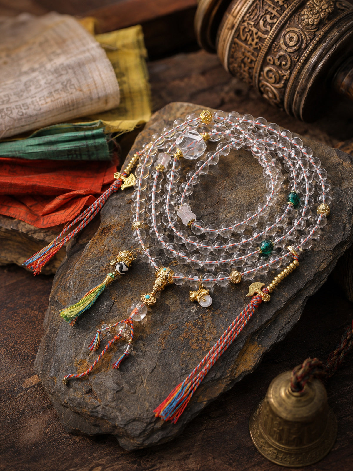 108-Bead Clear Quartz Lotus Barrel Mala — main view