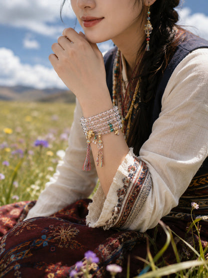 108-Bead Clear Quartz Lotus Barrel Mala — worn or detail view