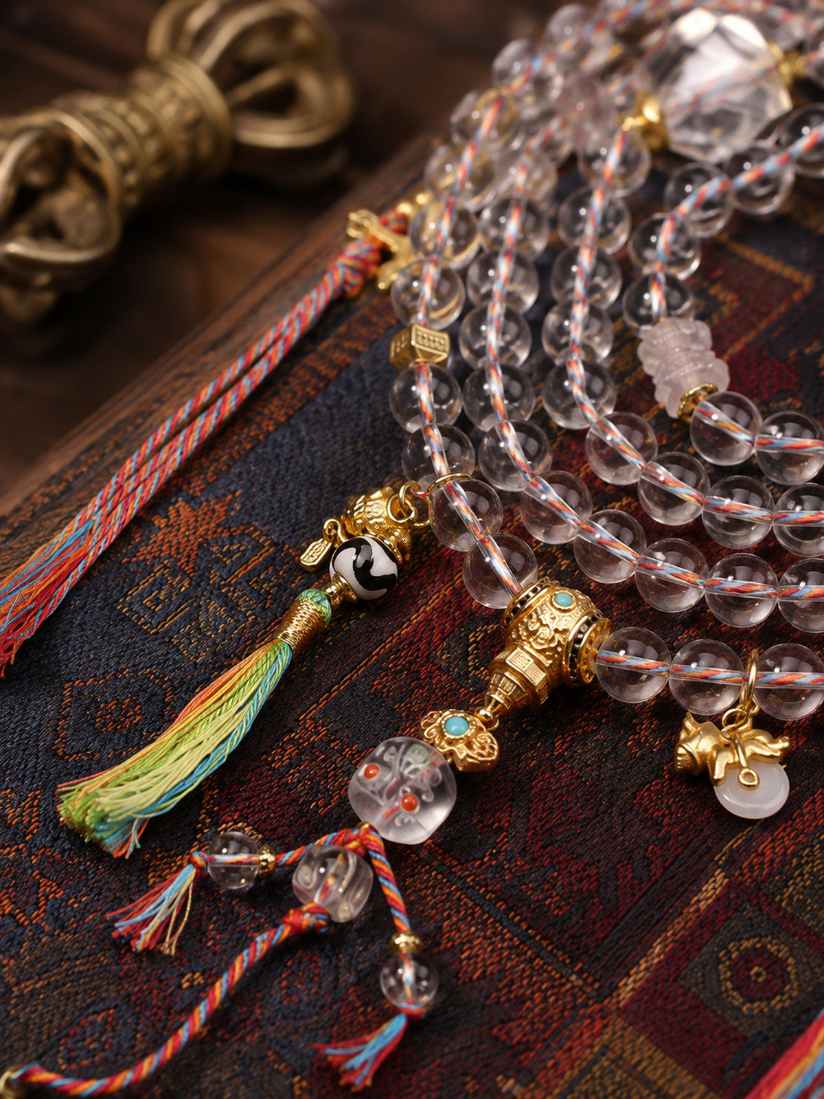 108-Bead Clear Quartz Lotus Barrel Mala — detail view 1
