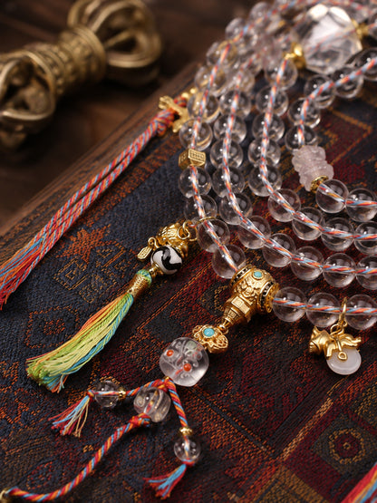 108-Bead Clear Quartz Lotus Barrel Mala — detail view 1