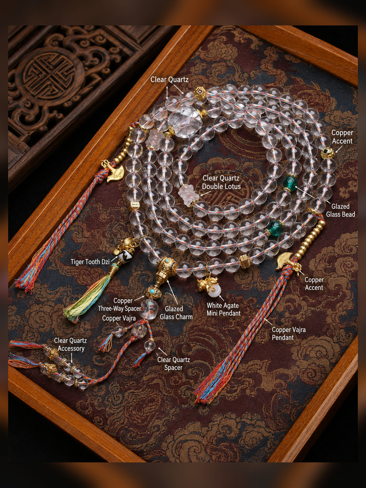 108-Bead Clear Quartz Lotus Barrel Mala — detail view 3