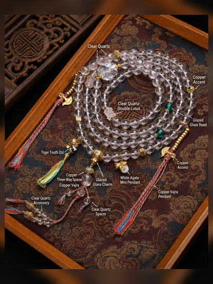 108-Bead Clear Quartz Lotus Barrel Mala — detail view 3