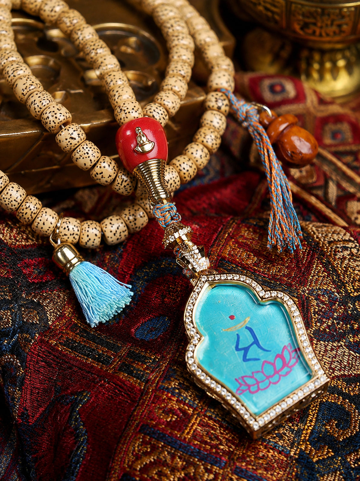 108-Bead Star & Moon Bodhi Mala with Manjushri Thangka Pendant — detail view 1
