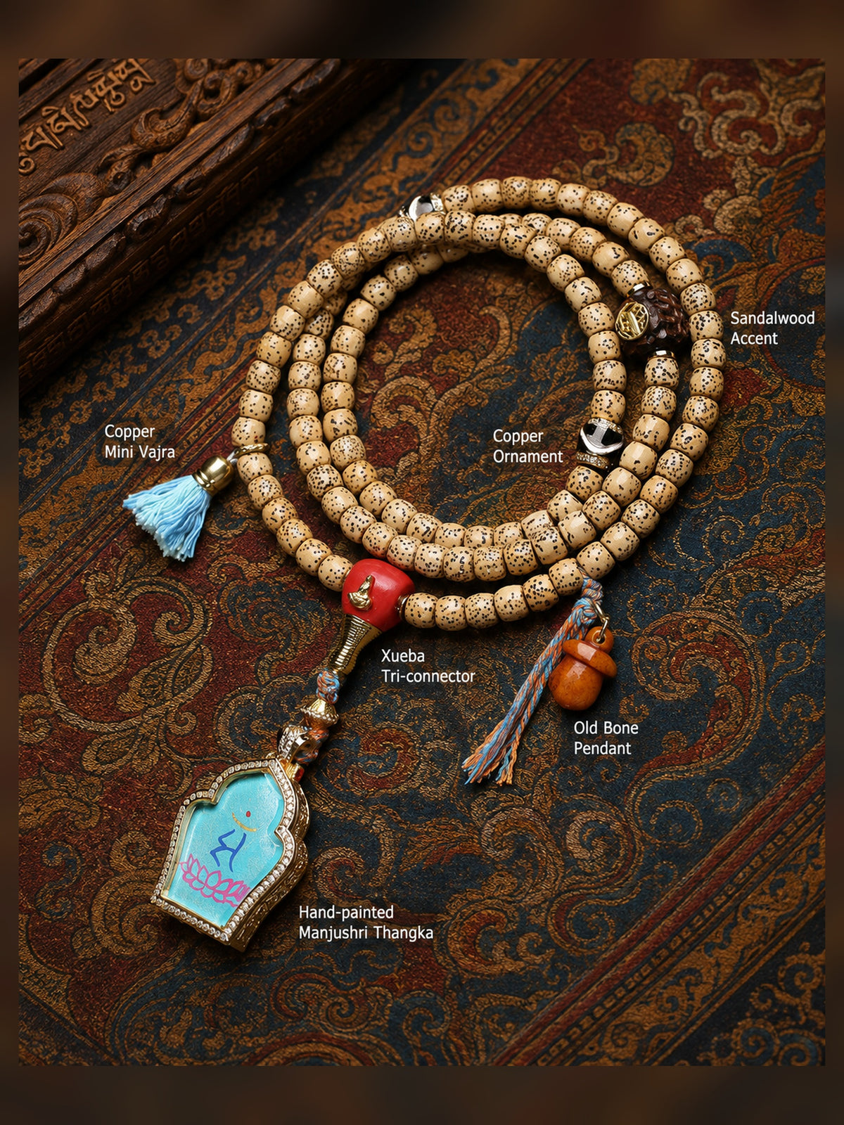108-Bead Star & Moon Bodhi Mala with Manjushri Thangka Pendant — detail view 3