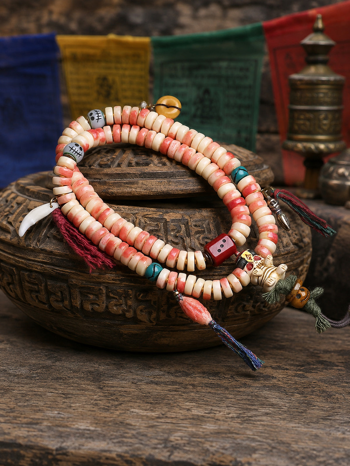 108-Bead Two-Tone Camel Bone Mala with Buddha Hand and Disc Accents — main view