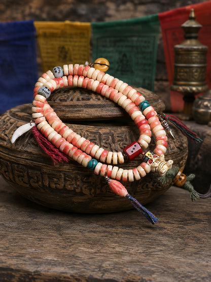 108-Bead Two-Tone Camel Bone Mala with Buddha Hand and Disc Accents — main view