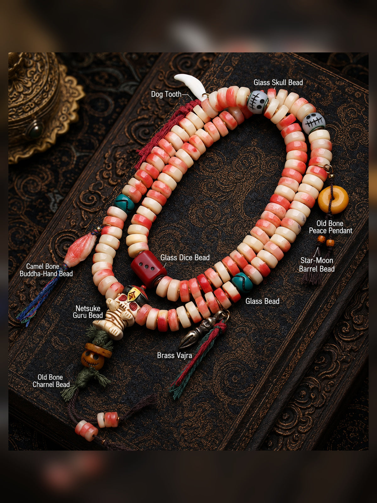 108-Bead Two-Tone Camel Bone Mala with Buddha Hand and Disc Accents — detail view 3