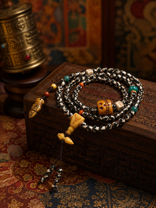 108-Bead Natural Agate Mala with Tiger-Tooth Dzi Bead — main view