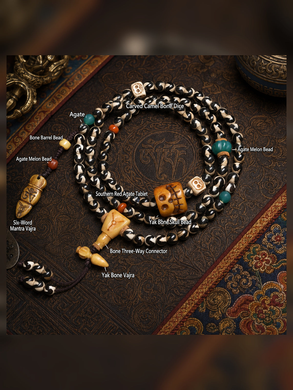 108-Bead Natural Agate Mala with Tiger-Tooth Dzi Bead — detail view 3