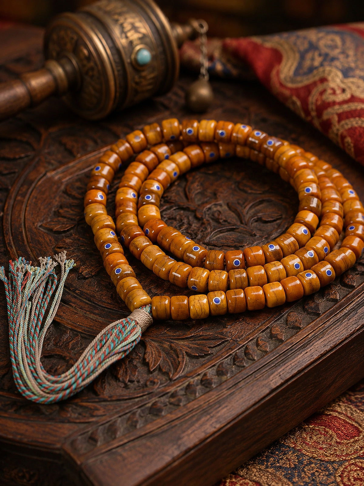 108-Bead Yak Bone Barrel Mala with Silver-Tone and Lapis Lazuli Inlay — main view