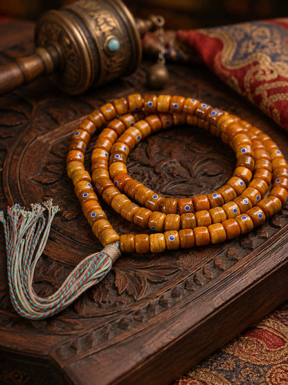 108-Bead Yak Bone Barrel Mala with Silver-Tone and Lapis Lazuli Inlay — main view
