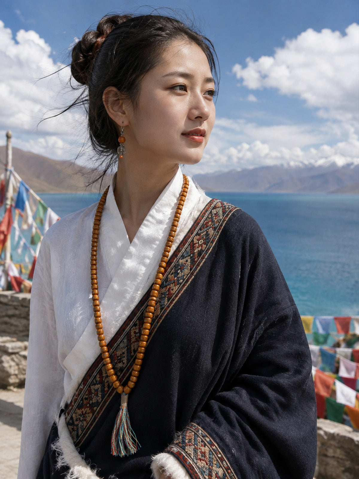 108-Bead Yak Bone Barrel Mala with Silver-Tone and Lapis Lazuli Inlay — worn or detail view