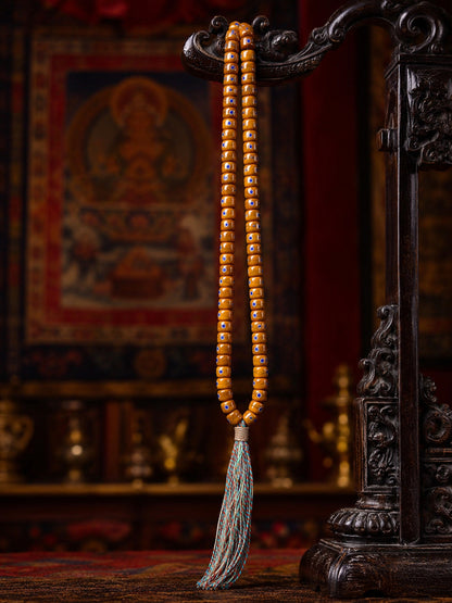 108-Bead Yak Bone Barrel Mala with Silver-Tone and Lapis Lazuli Inlay — detail view 1