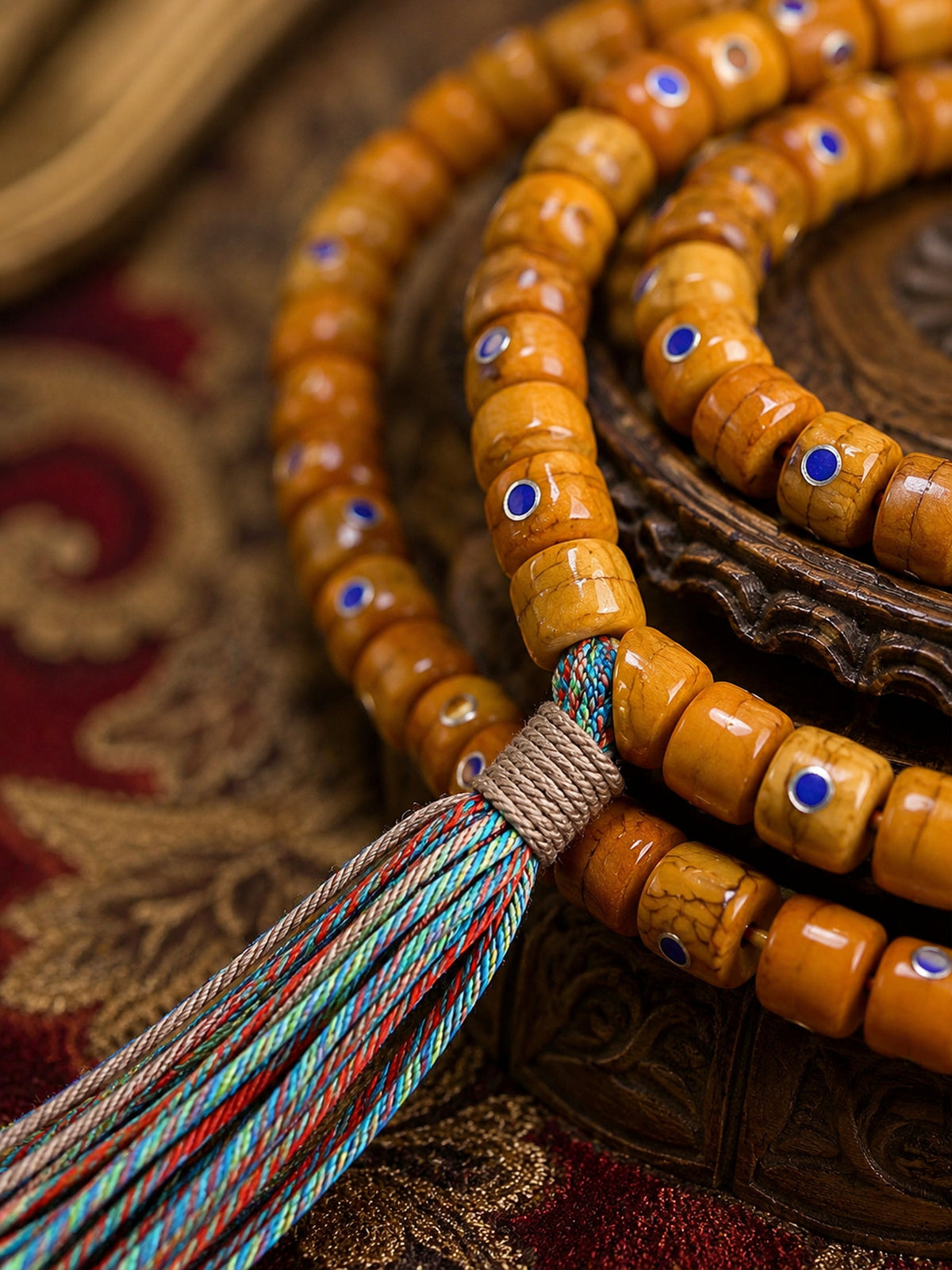 108-Bead Yak Bone Barrel Mala with Silver-Tone and Lapis Lazuli Inlay — detail view 2