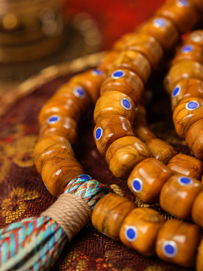 108-Bead Yak Bone Barrel Mala with Silver-Tone and Lapis Lazuli Inlay — detail view 3