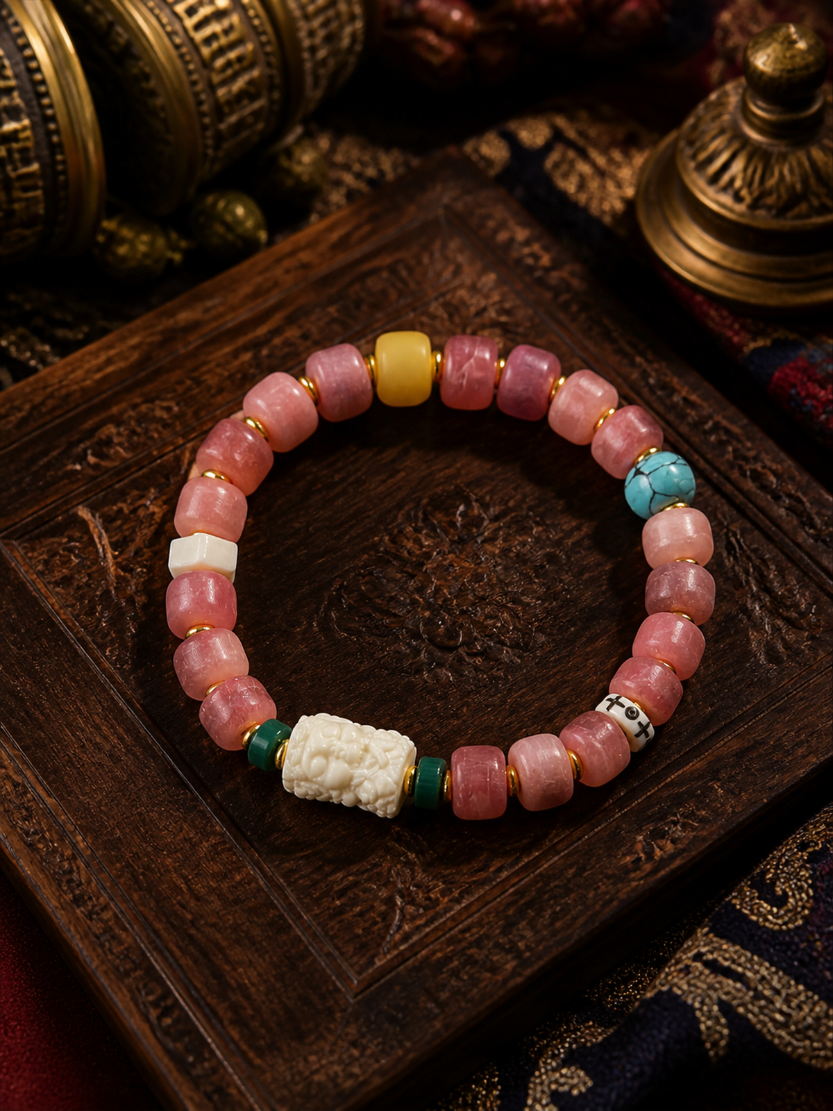 Tibetan Rose-Toned Bone Mala Bracelet with Tara Charm — main view