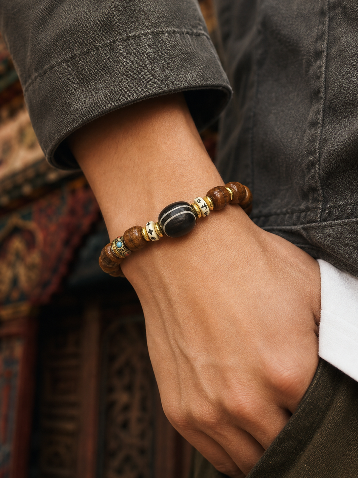 Tibetan Yak Bone Mala Bracelet — worn on wrist