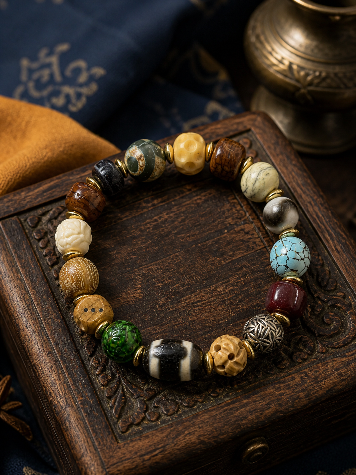 Tibetan Yak Bone Multigem Mala Bracelet with Turquoise-Tone Accents — main view