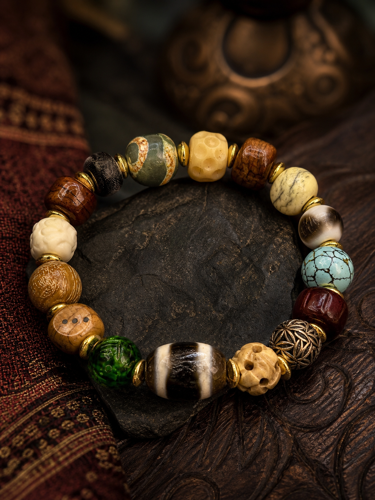 Tibetan Yak Bone Multigem Mala Bracelet with Turquoise-Tone Accents — detail view