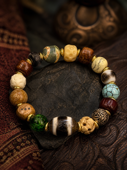 Tibetan Yak Bone Multigem Mala Bracelet with Turquoise-Tone Accents — detail view