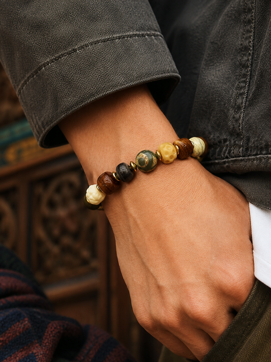 Tibetan Yak Bone Multigem Mala Bracelet with Turquoise-Tone Accents — worn on wrist