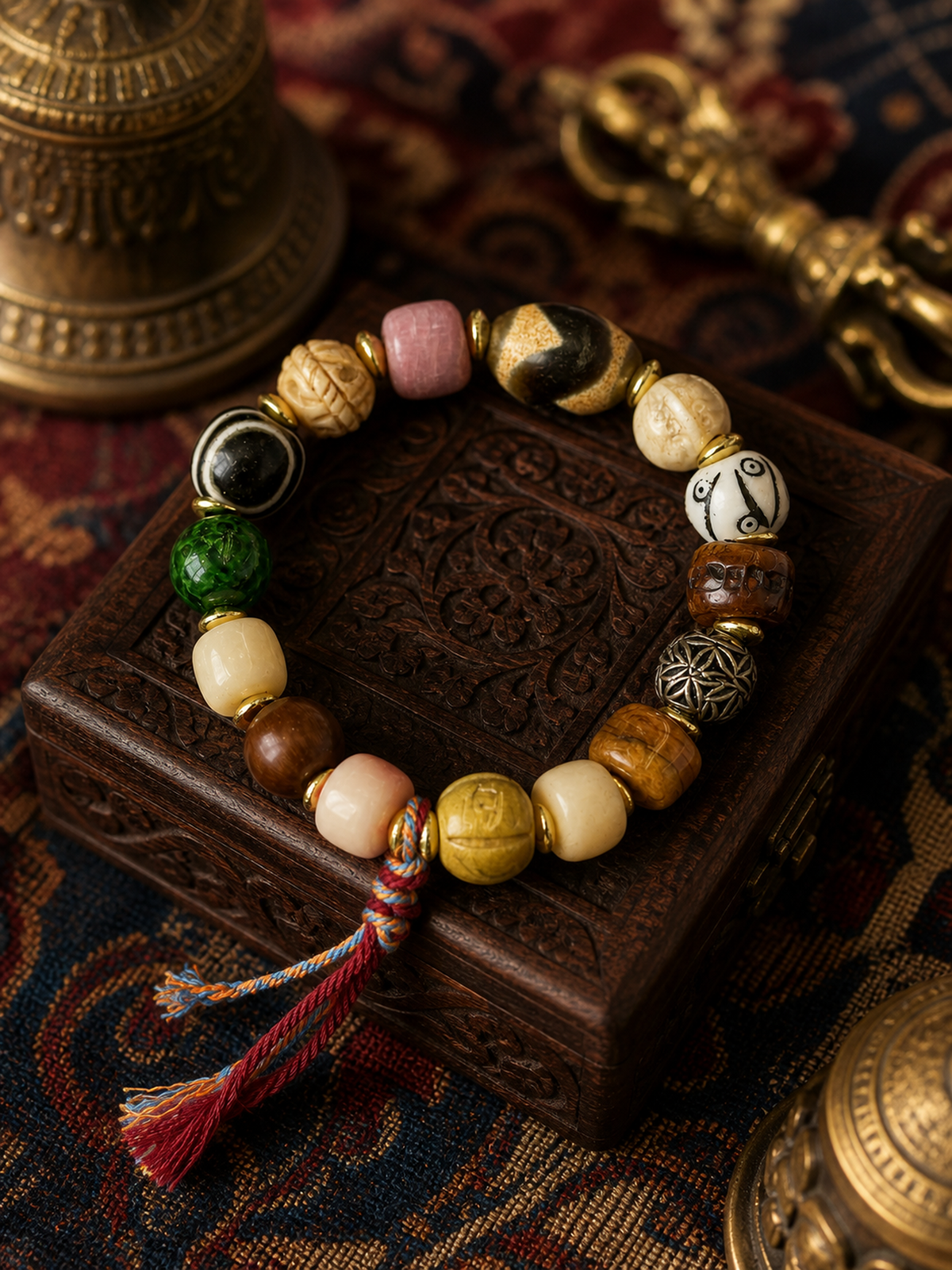 Tibetan Yak Bone Multigem Mala Bracelet with Tassel — main view