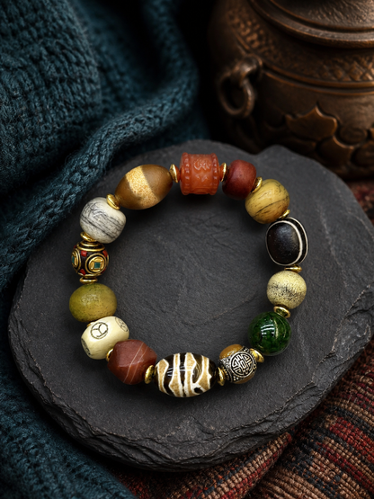 Tibetan Yak Bone Multigem Mala Bracelet with Six-Syllable Motif — main view