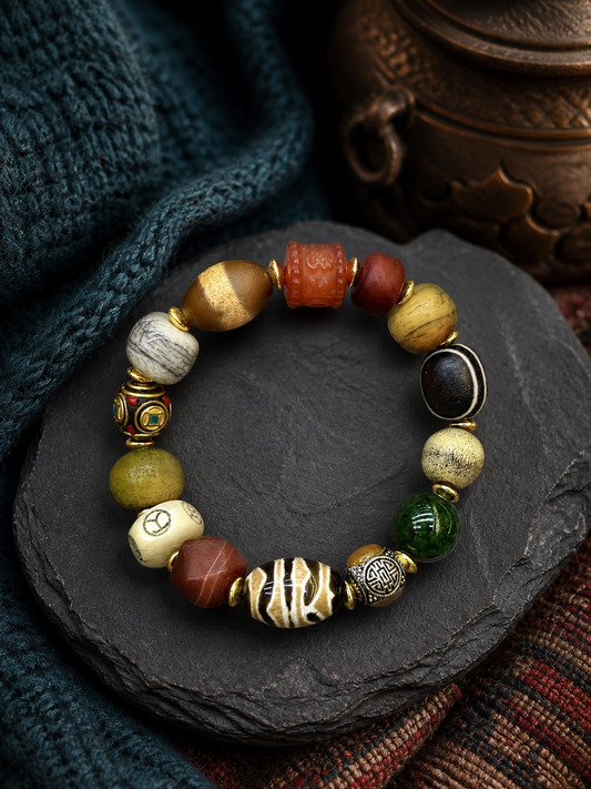 Tibetan Yak Bone Multigem Mala Bracelet with Six-Syllable Motif — main view