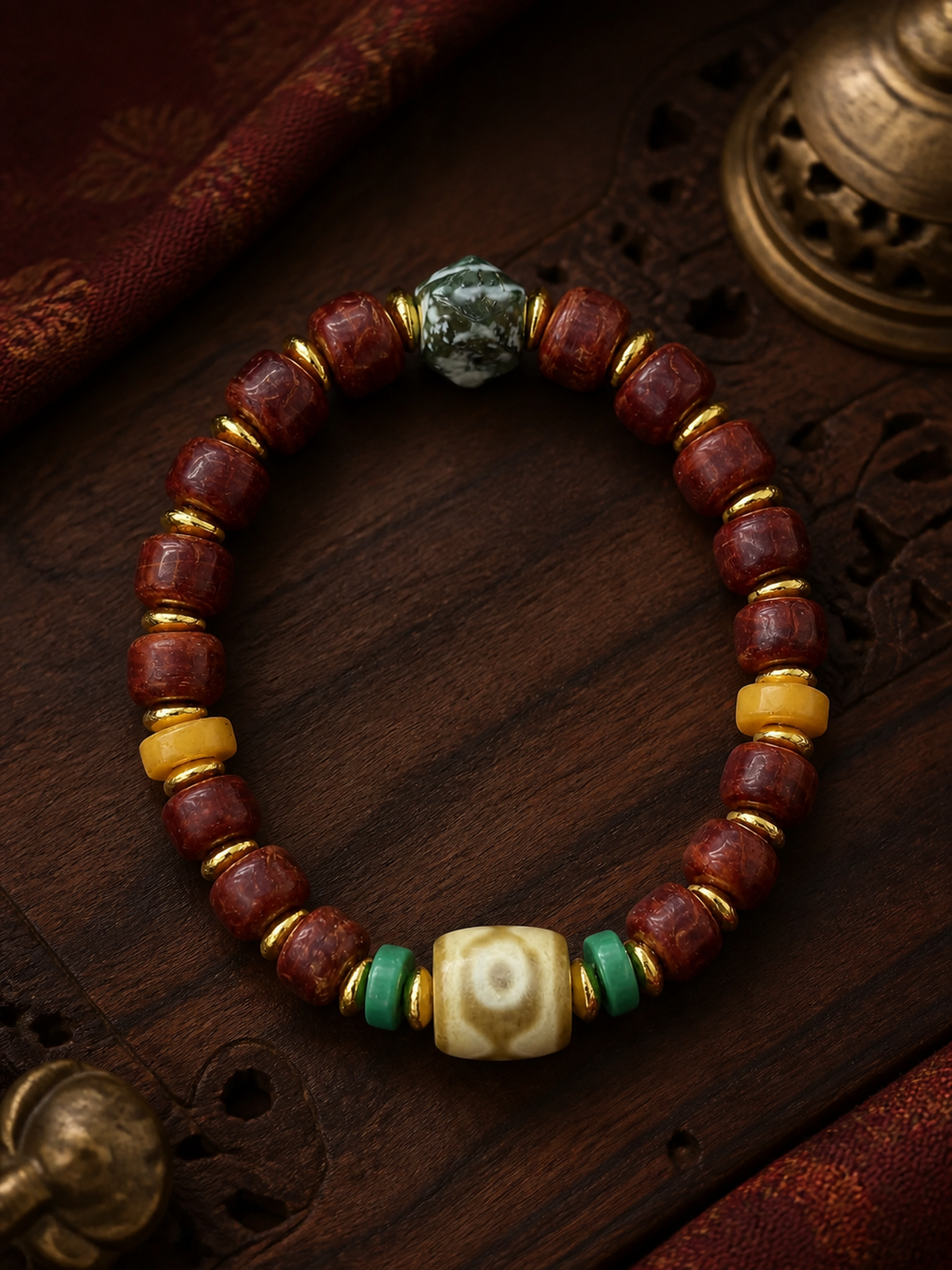 Tibetan Yak Bone Mala Bracelet with Dzi-Style Bead — main view