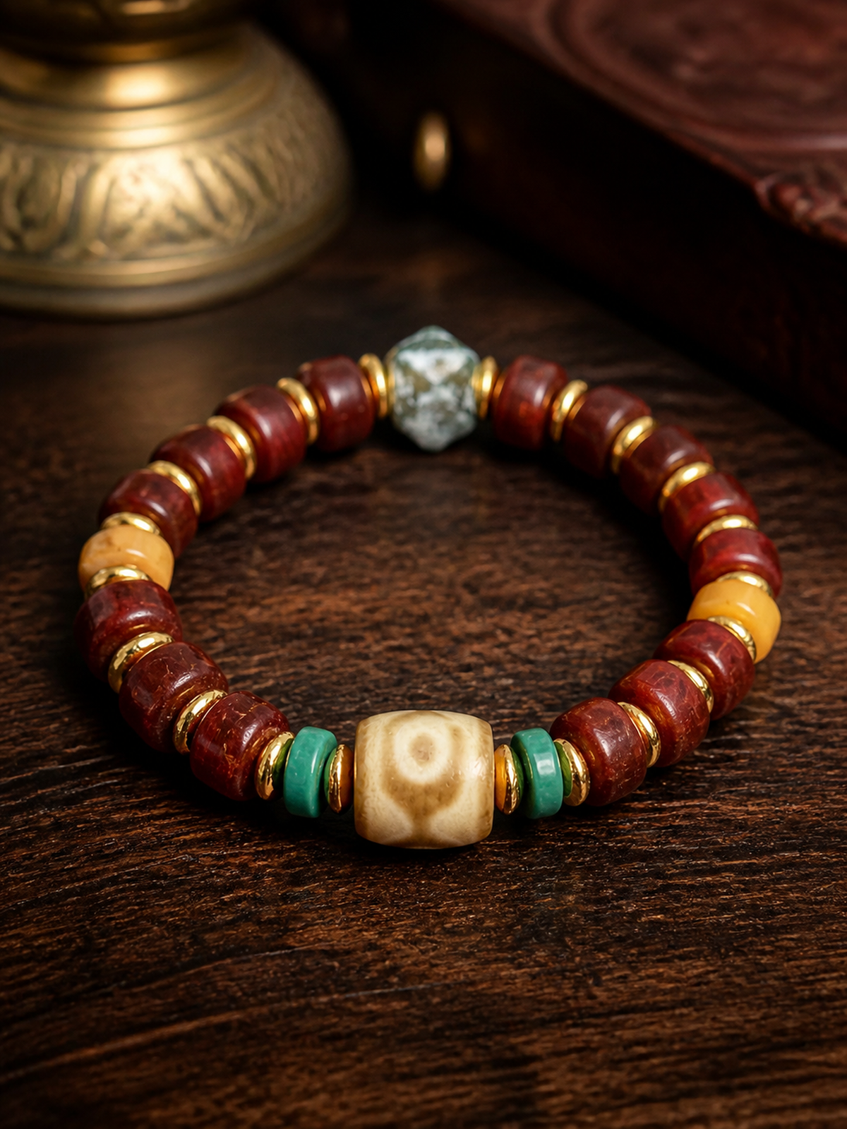 Tibetan Yak Bone Mala Bracelet with Dzi-Style Bead — detail view