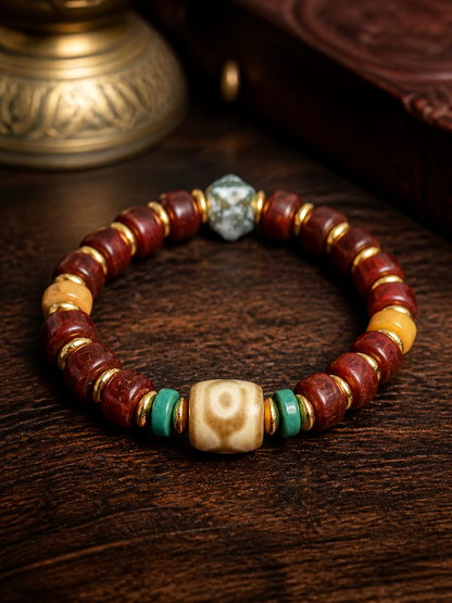 Tibetan Yak Bone Mala Bracelet with Dzi-Style Bead — detail view