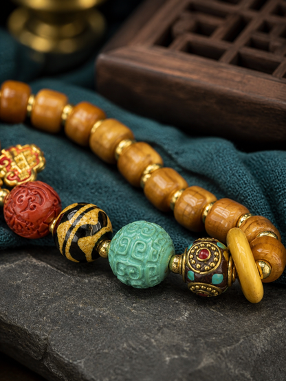 Tibetan Yak Bone Mala Bracelet — Heritage Style I — detail view