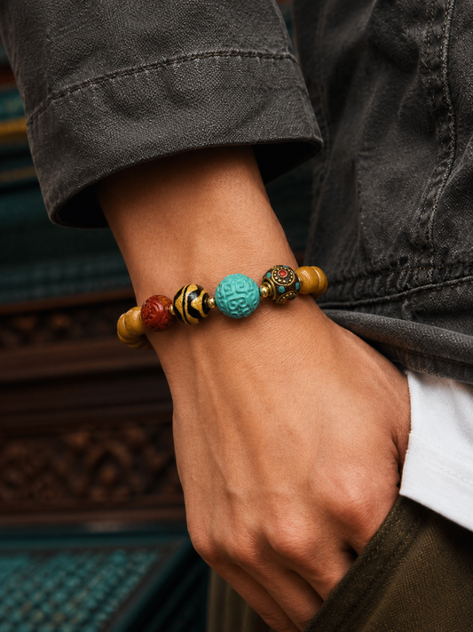 Tibetan Yak Bone Mala Bracelet — Heritage Style I — worn on wrist