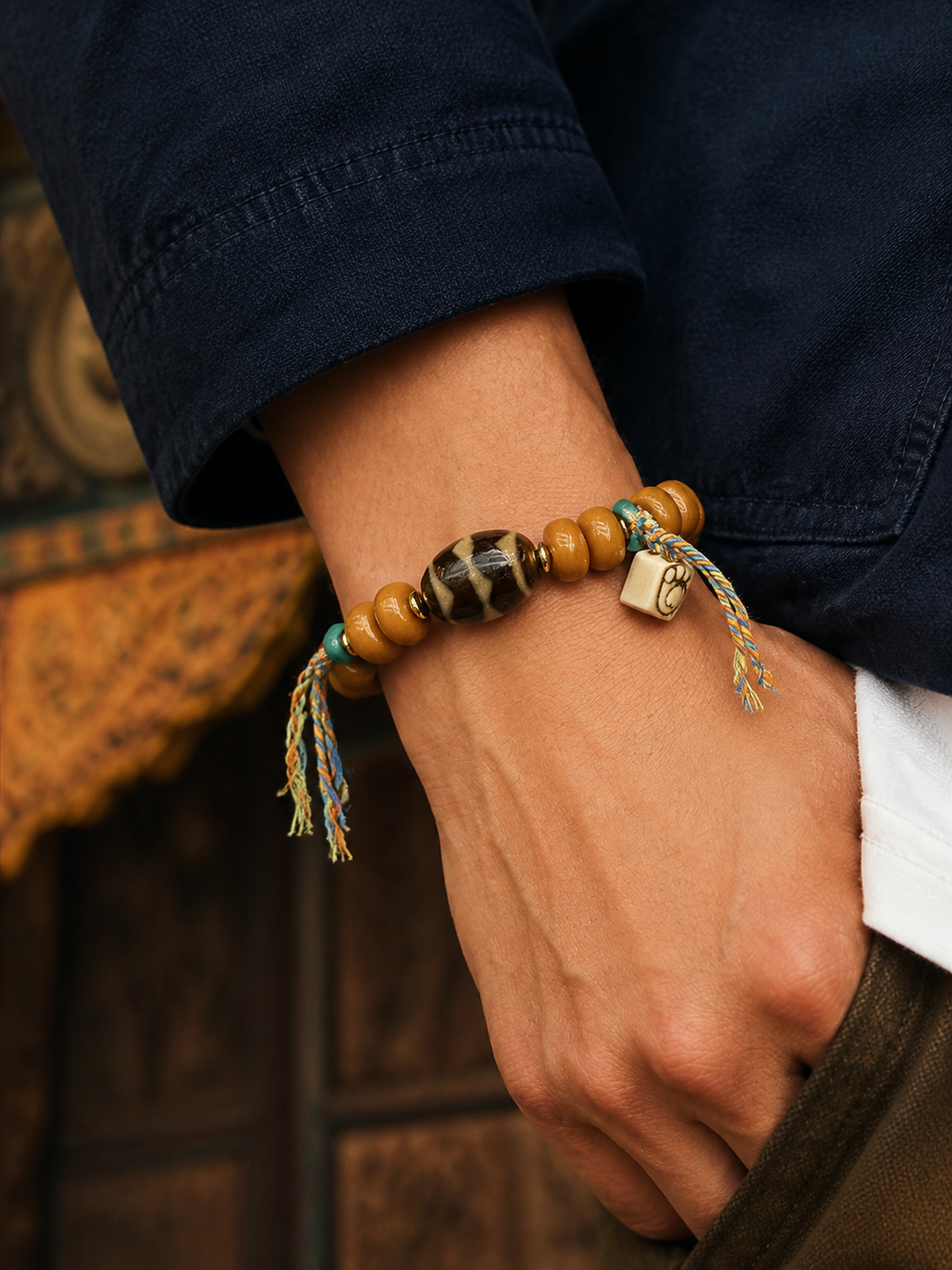 Tibetan Yak Bone Mala Bracelet — Heritage Style III — worn on wrist