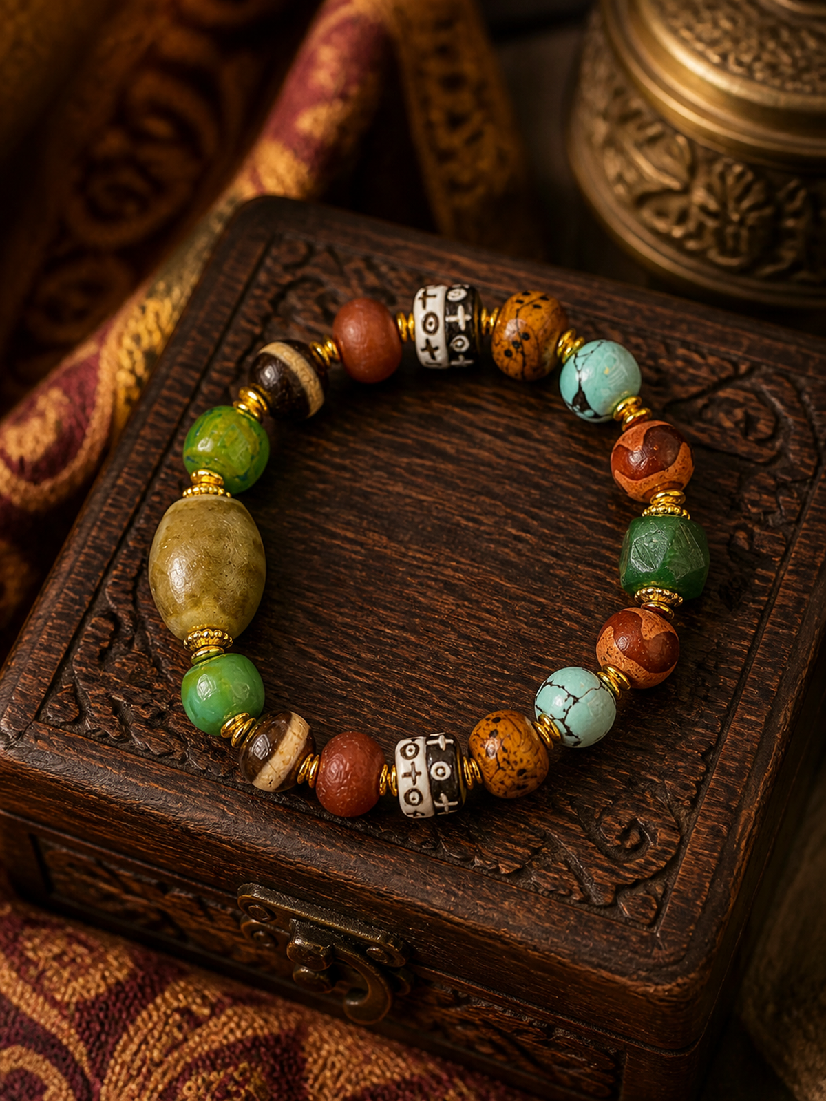 Tibetan Multigem Mala Bracelet with Dzi-Style and Auspicious Beads — main view