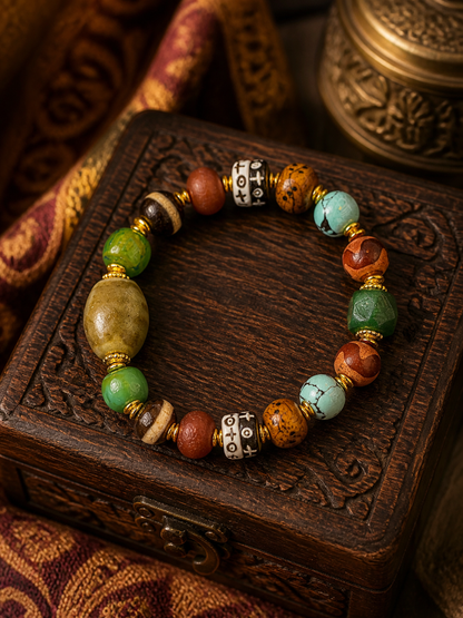 Tibetan Multigem Mala Bracelet with Dzi-Style and Auspicious Beads — main view