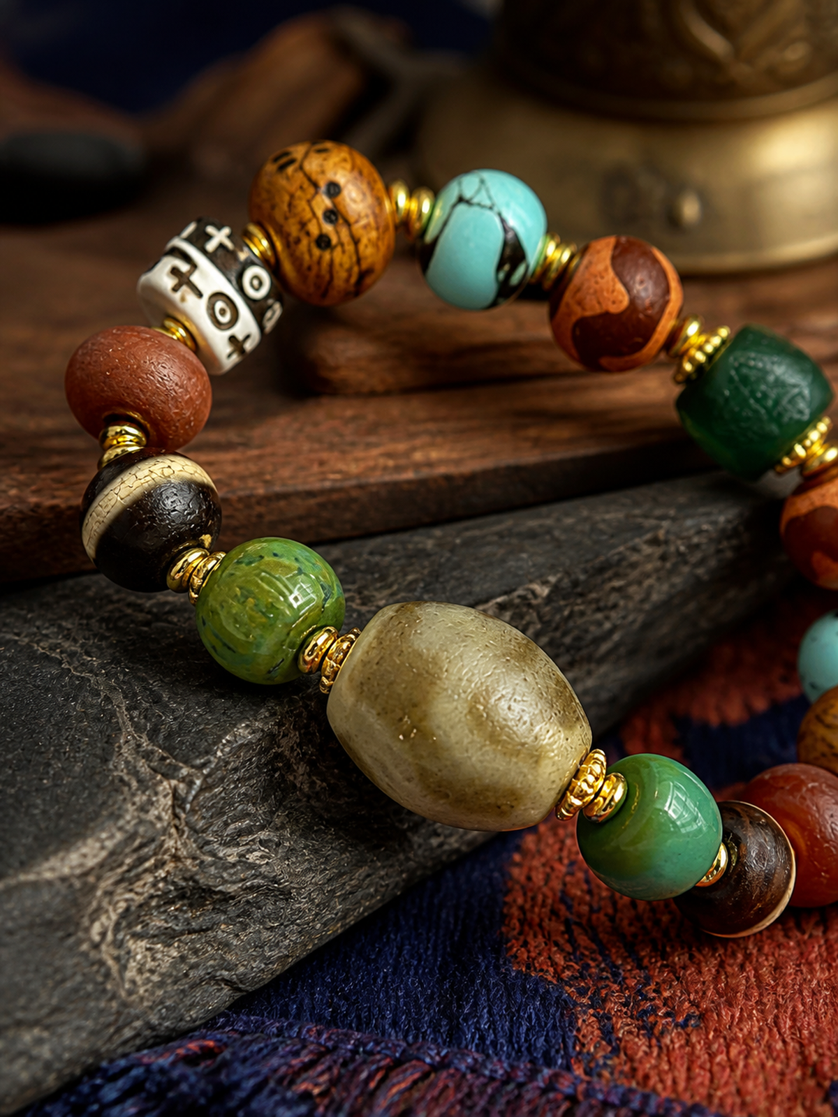 Tibetan Multigem Mala Bracelet with Dzi-Style and Auspicious Beads — detail view