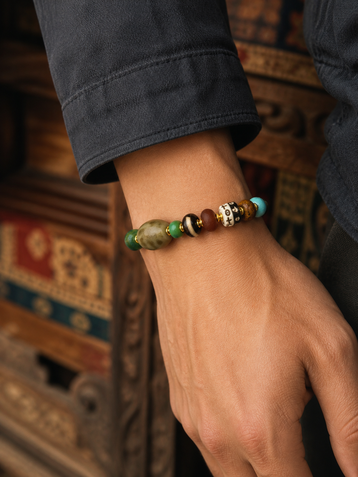 Tibetan Multigem Mala Bracelet with Dzi-Style and Auspicious Beads — worn on wrist