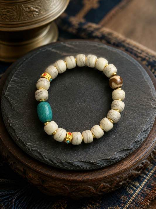 Tibetan Bone Mala Bracelet with Turquoise-Tone Accents — main view