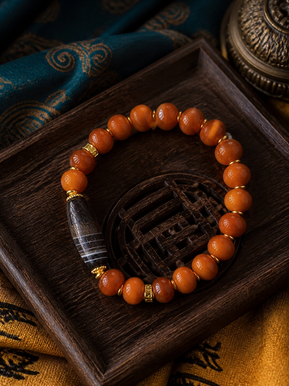 Tibetan Bone Abacus-Bead Mala Bracelet with Dzi-Style Accent — main view