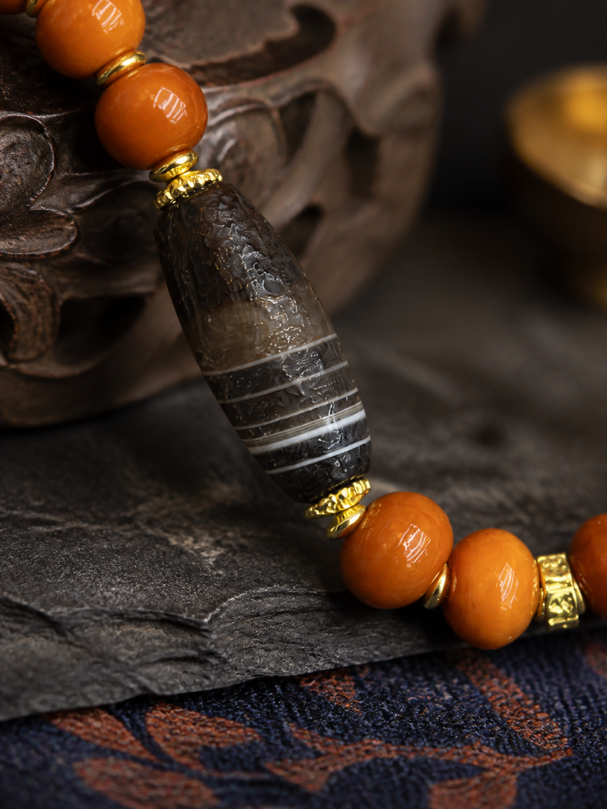 Tibetan Bone Abacus-Bead Mala Bracelet with Dzi-Style Accent — detail view