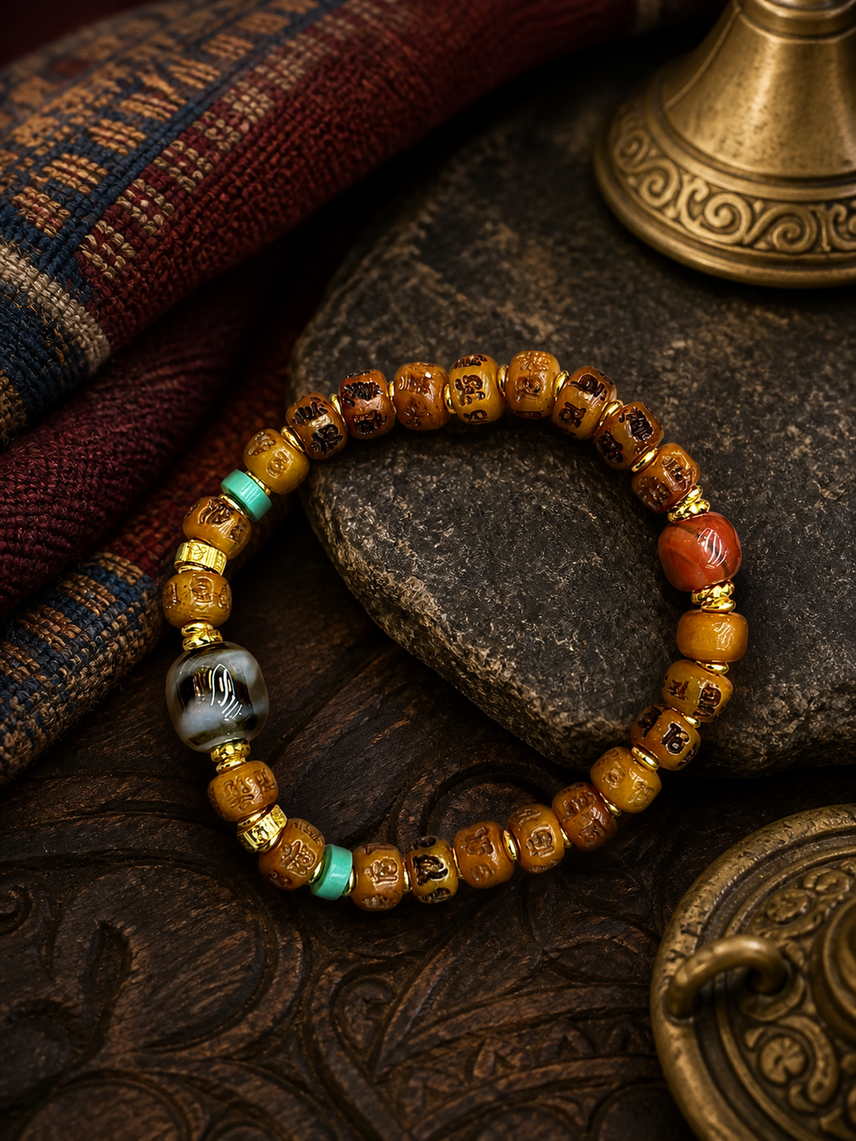 Tibetan Bone Mala Bracelet with Six-Syllable Motif — main view