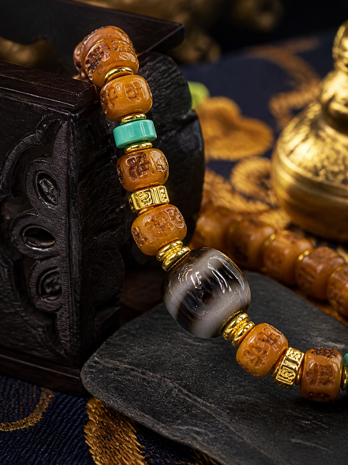 Tibetan Bone Mala Bracelet with Six-Syllable Motif — detail view