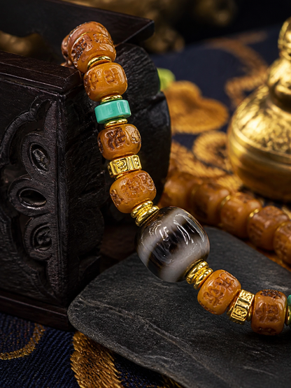 Tibetan Bone Mala Bracelet with Six-Syllable Motif — detail view
