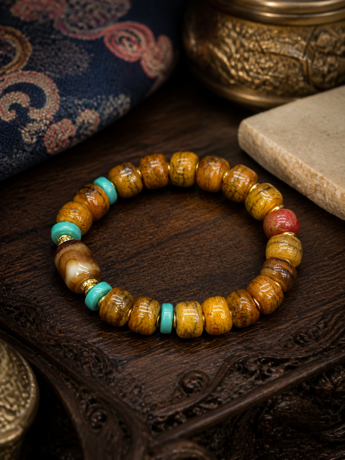 Tibetan Rose-Toned Bone Mala Bracelet with Dzi-Style Bead — main view