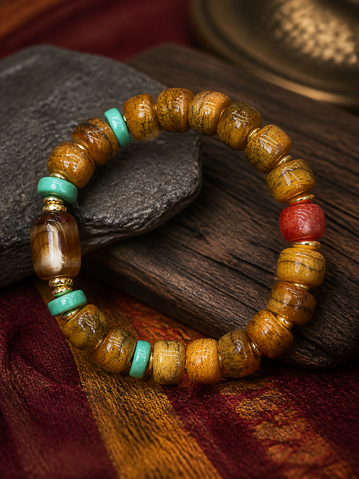 Tibetan Rose-Toned Bone Mala Bracelet with Dzi-Style Bead — detail view