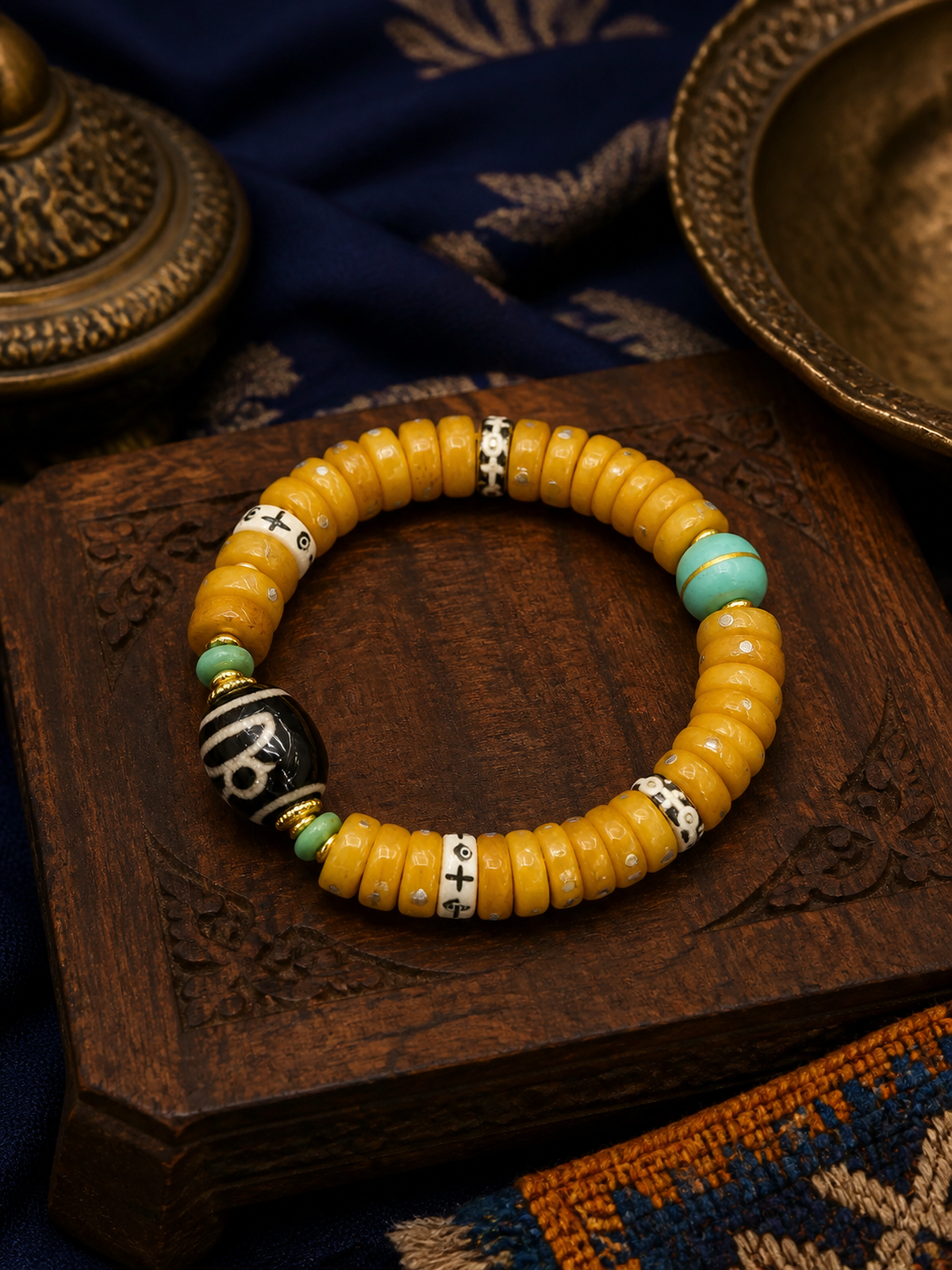 Tibetan Sliced Bone Mala Bracelet with Jambhala Dzi-Style Bead — main view