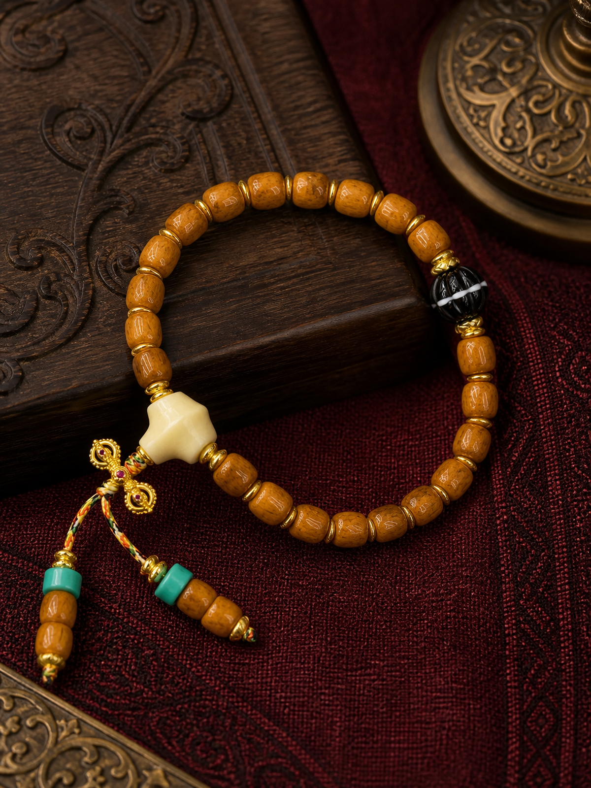 Tibetan Bone Mala Bracelet with Linear Pumpkin Beads — main view