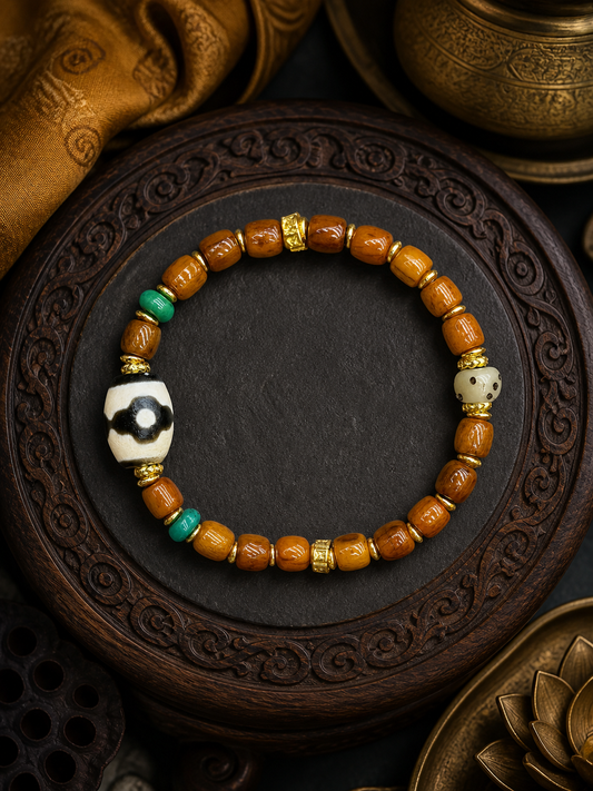 Tibetan Dzi-Style Mala Bracelet with Dice Accent — main view